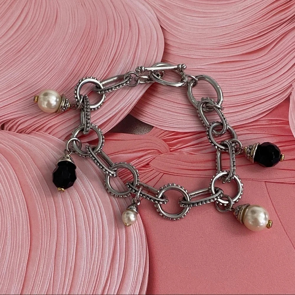 Silver Pearl & Onyx Crystal Charm Linked Bracelet